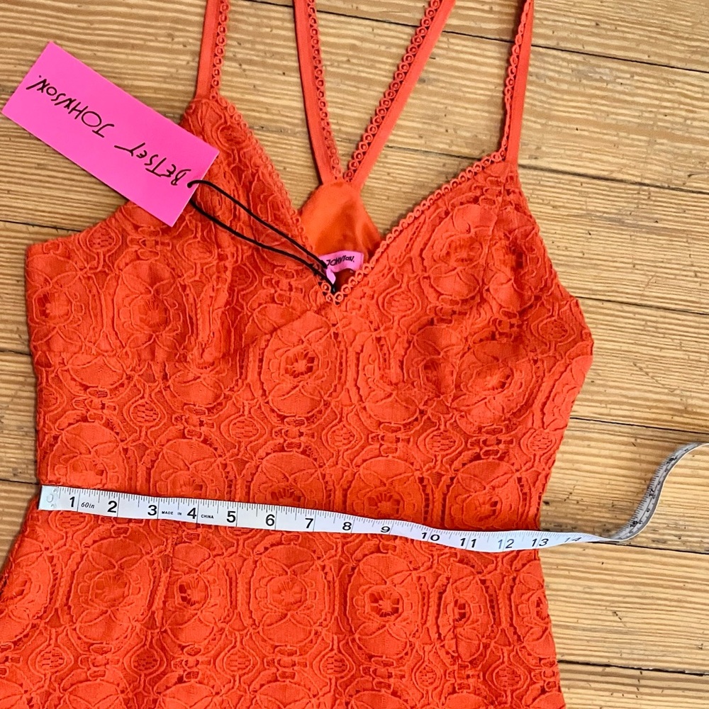 NWT Betsey Johnson Crochet Lace Ruffle Hem Mini Dress in Spicy Orange Sz S. - Picture 9 of 13